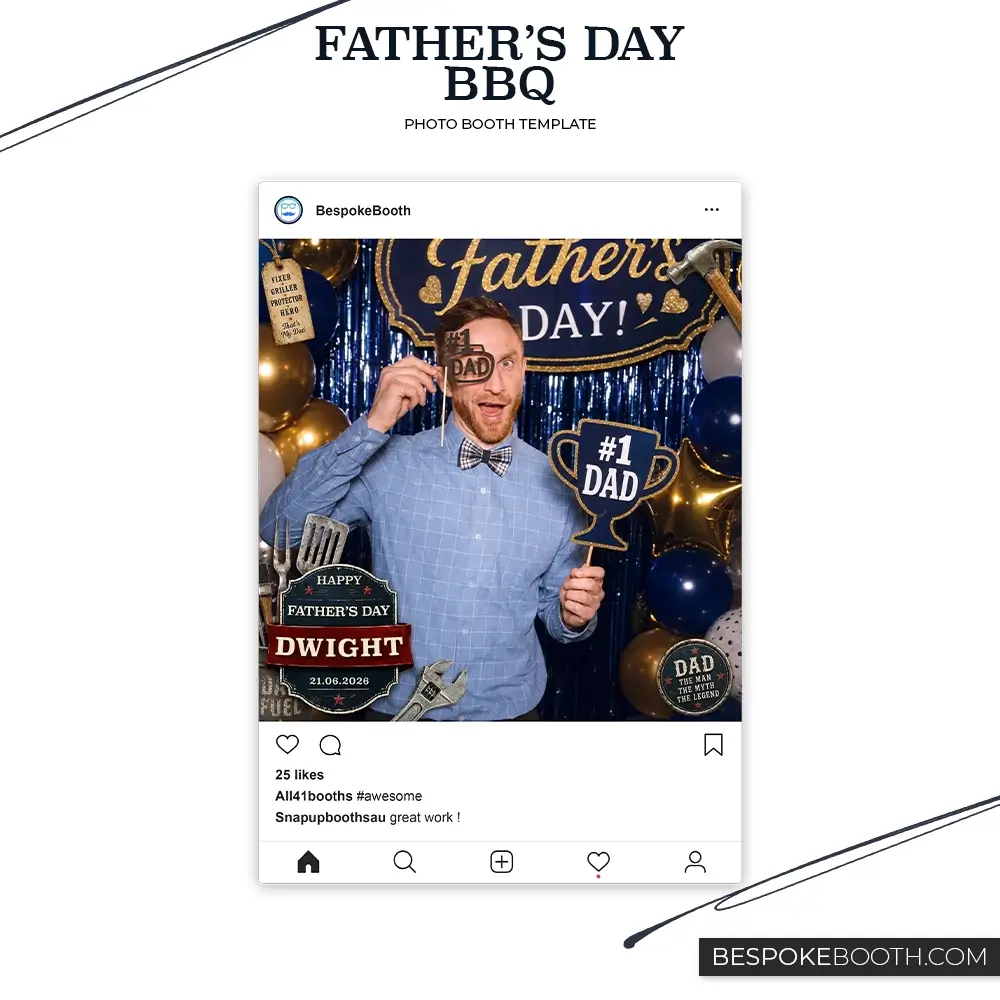 Father’s Day BBQ 360 video square photo booth template with one square shot, social media style frame, rustic wood details, grill tools, happy fathers day signage, navy and gold balloons, and a smiling man holding dad themed props.