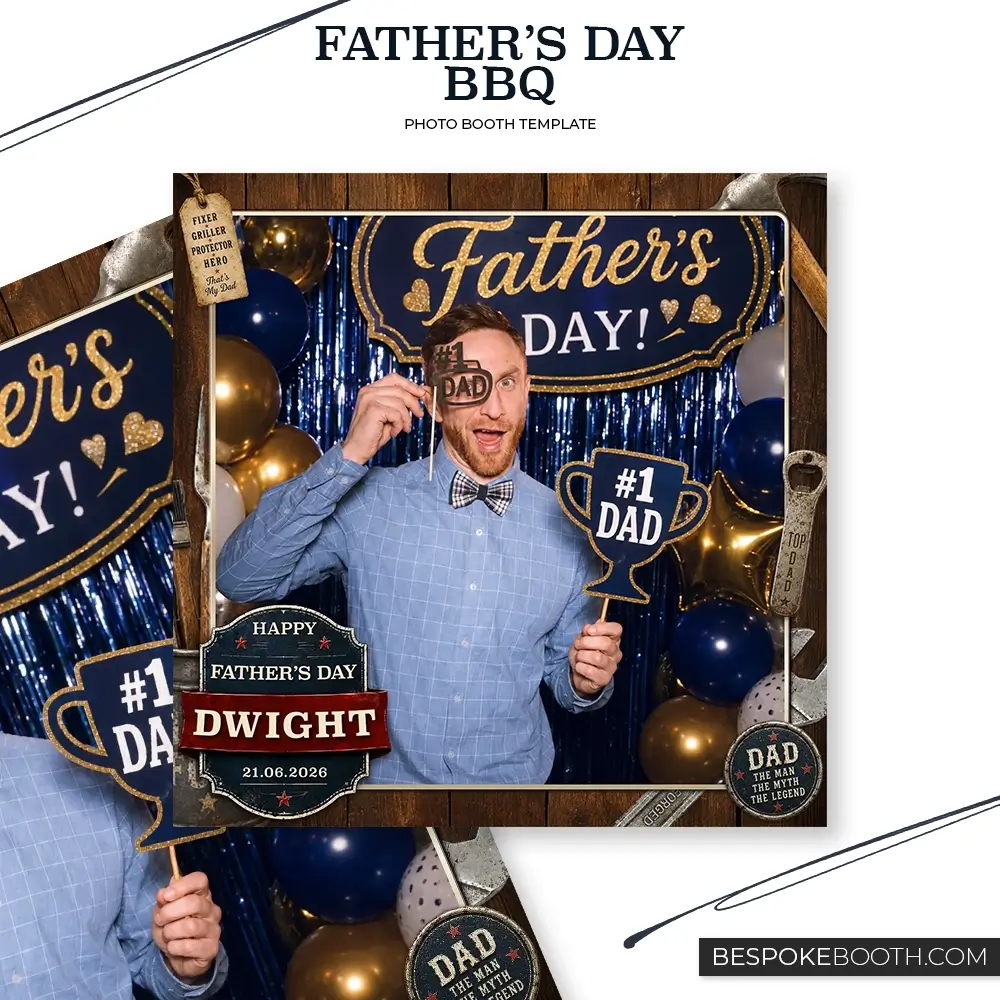 Father’s Day BBQ square digital GIF photo booth template with a single photo shot, rustic wood frame, grill tools, happy fathers day signage, navy and gold balloons, and a smiling man holding dad themed props.