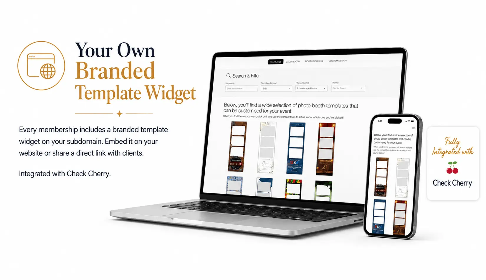 Branded photo booth template selection widget displayed on a laptop and mobile phone