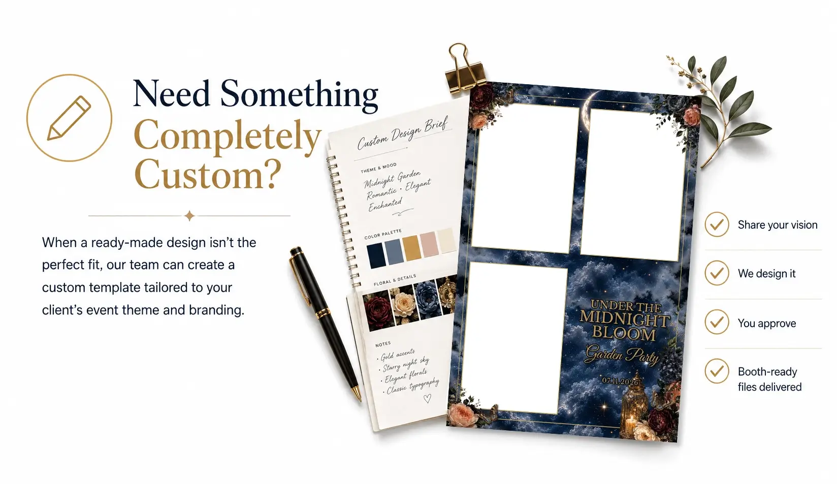 Custom photo booth template displayed beside a design brief, colour palette and event inspiration