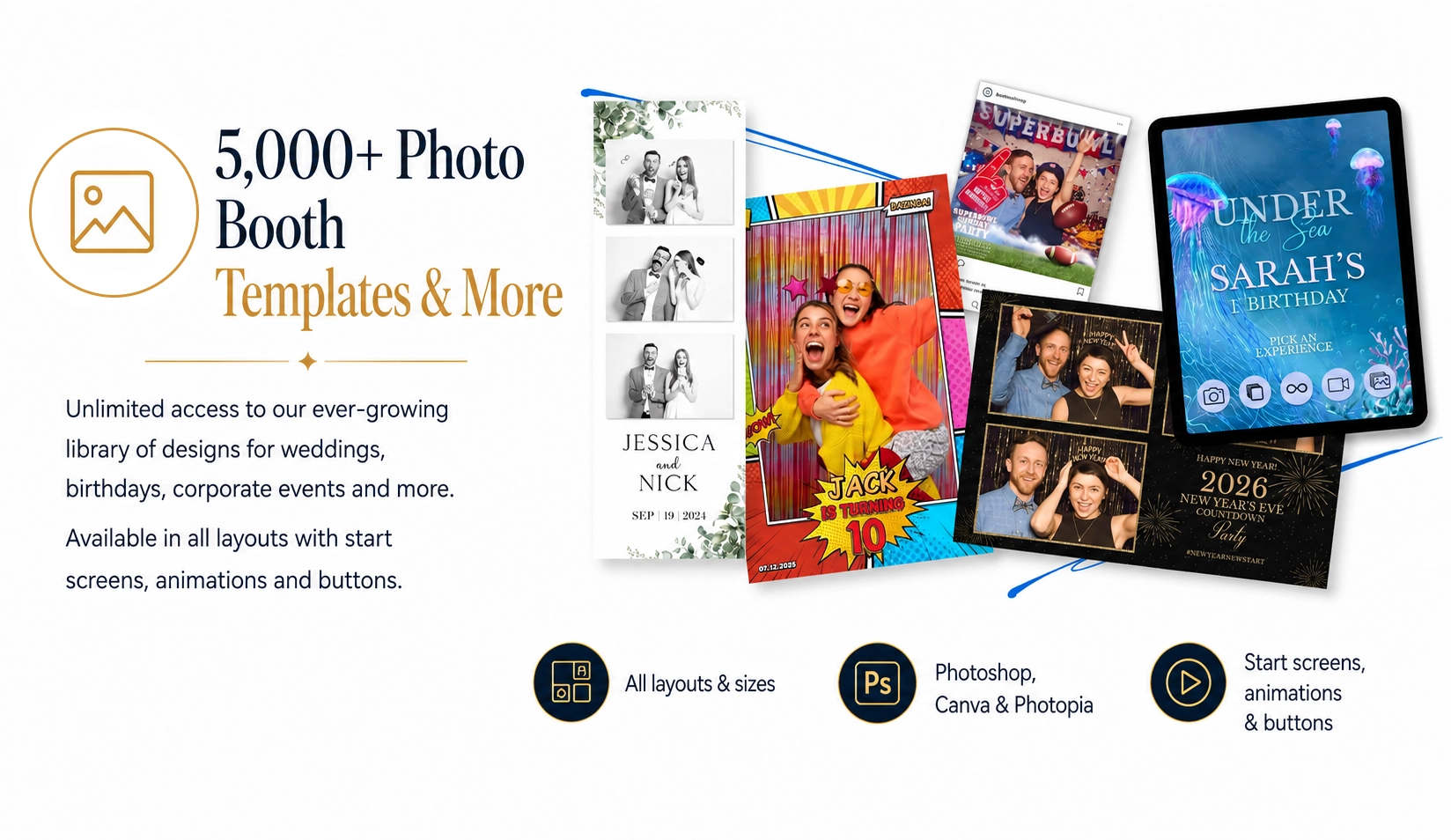 Selection of photo booth templates, digital booth screens and event designs from the BespokeBooth library