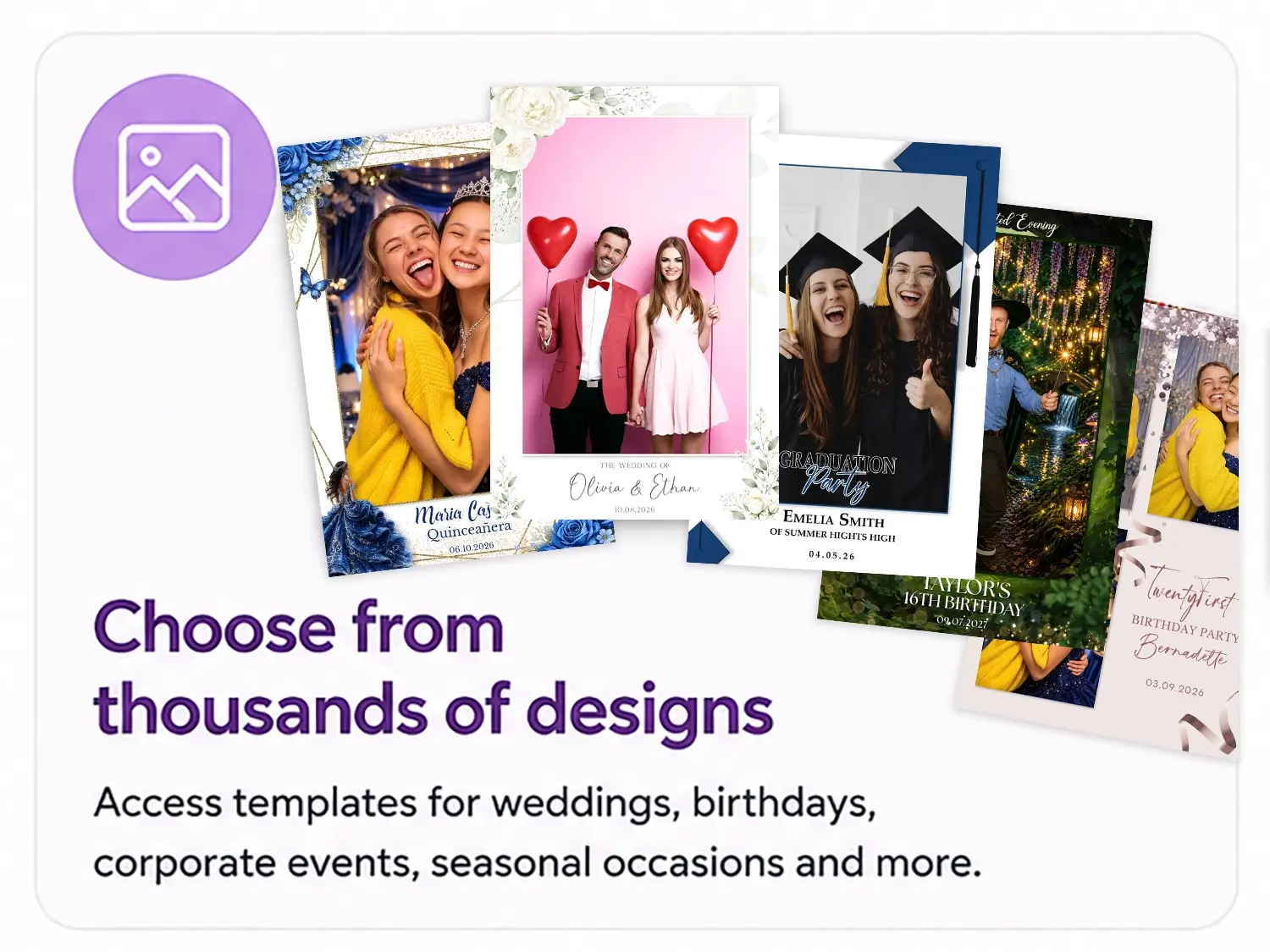Collection of photo booth templates for weddings, birthdays, graduations and other events