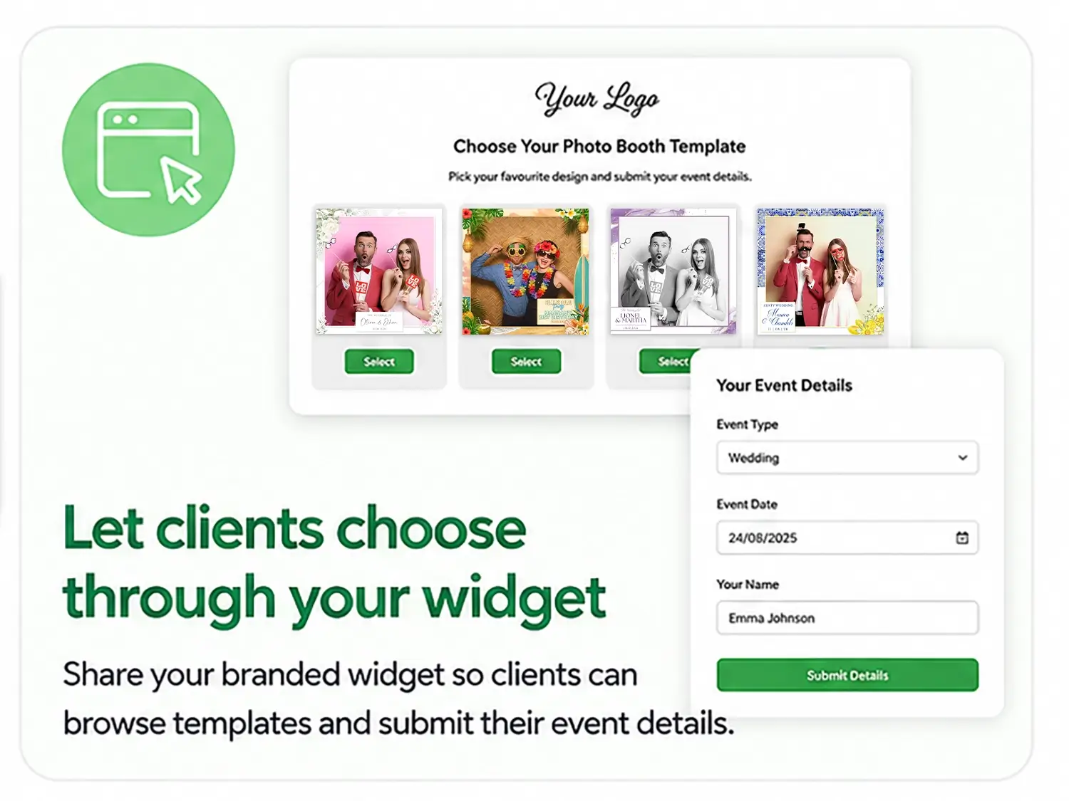 Branded photo booth template widget allowing clients to choose a design and submit event details