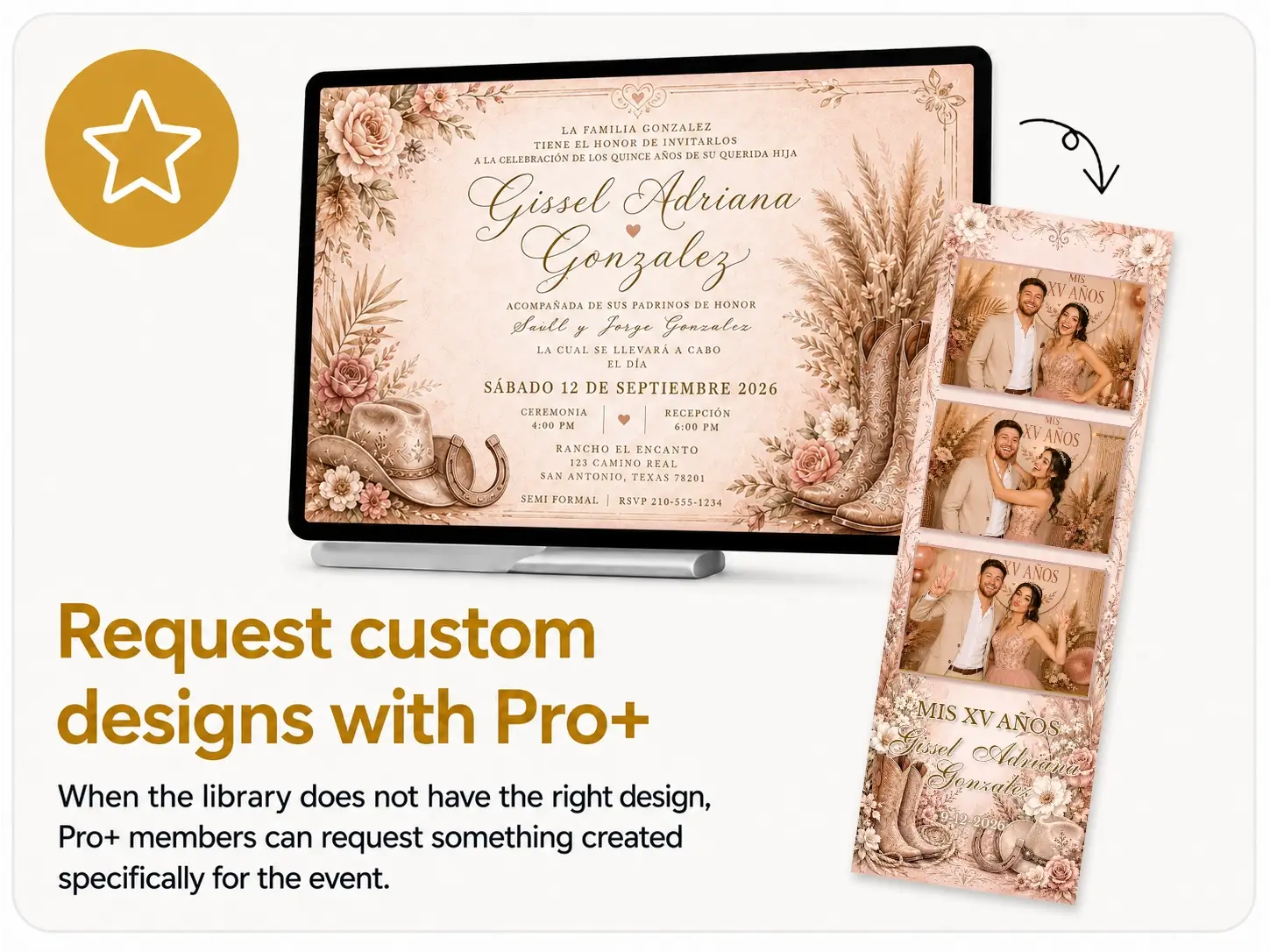 Custom Quinceañera invitation and matching photo booth strip created for a Pro Plus member