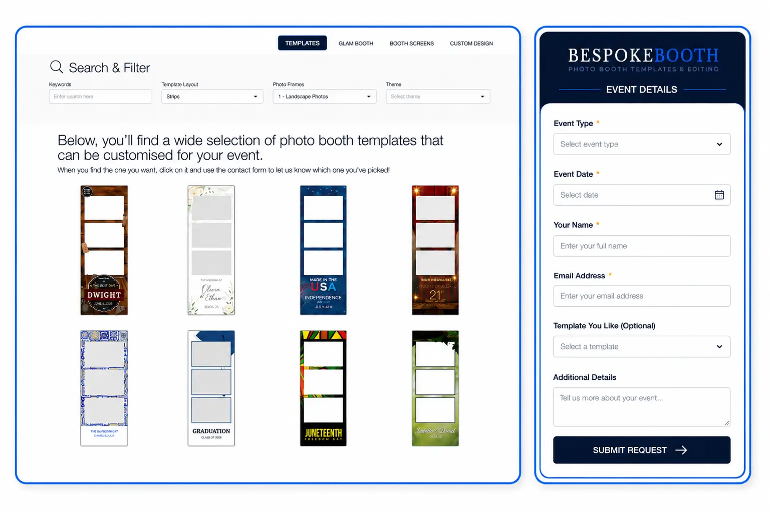 Branded BespokeBooth photo booth template widget with searchable designs and an event details submission form