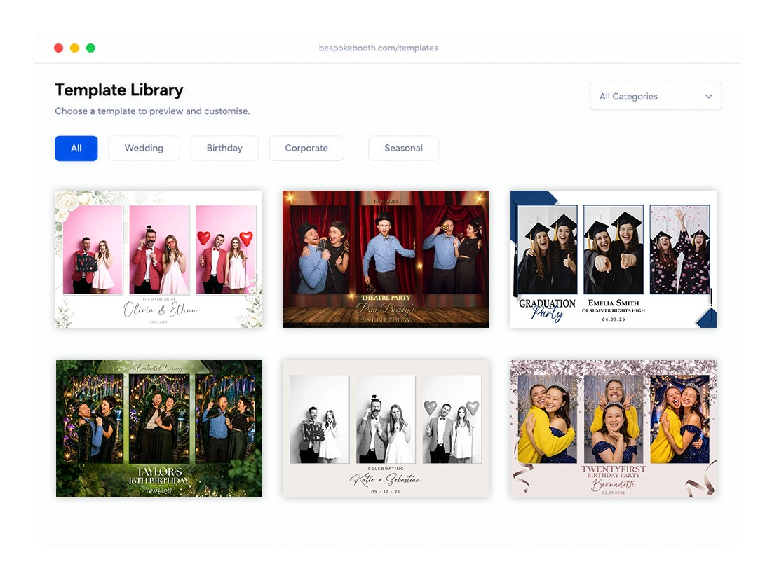 BespokeBooth photo booth template library with wedding birthday and event designs