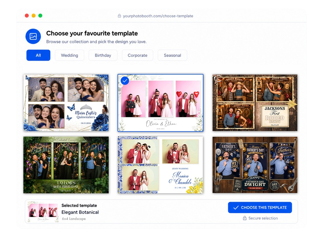 Template selection widget helping photo booth clients choose their favourite design