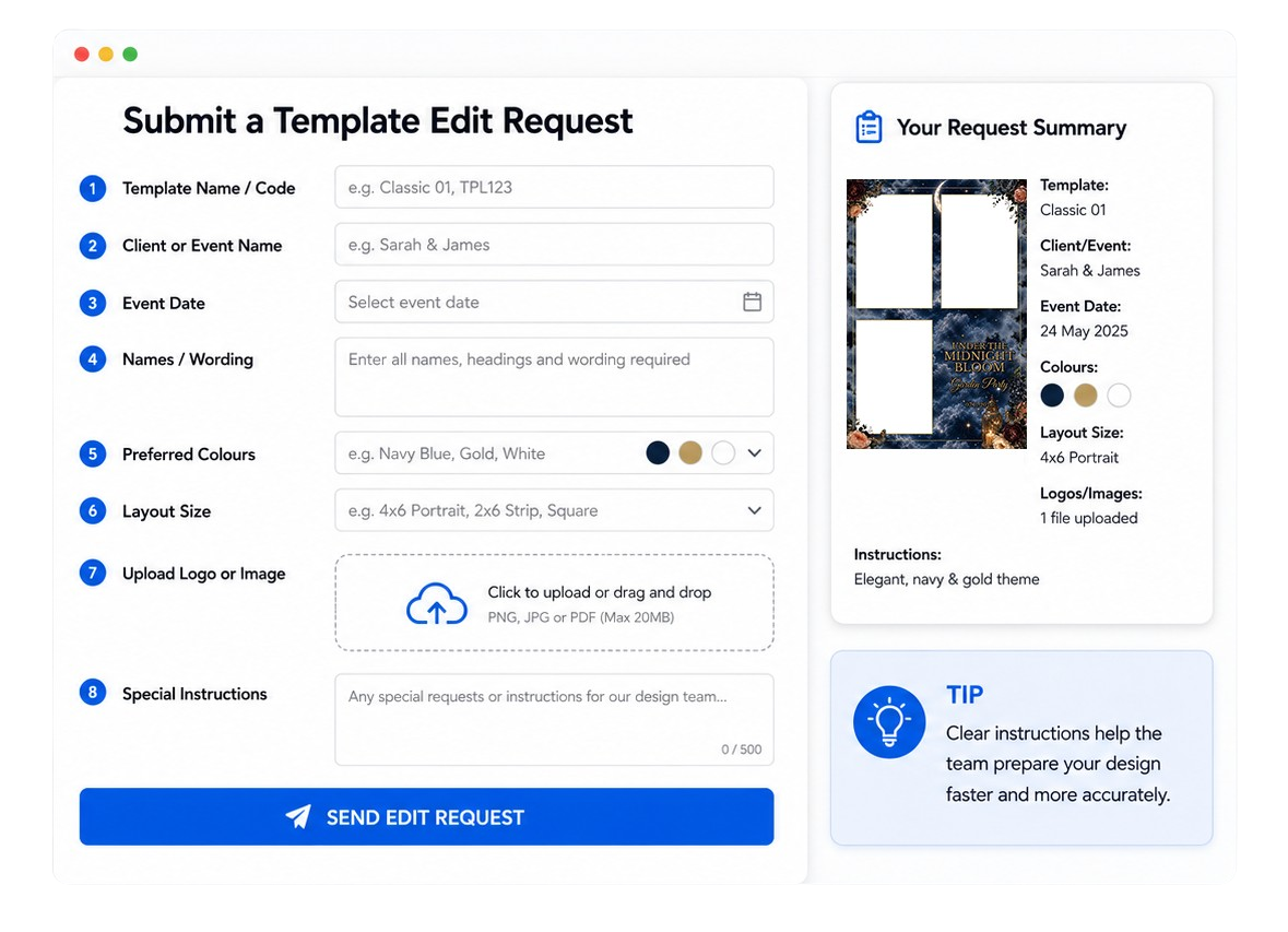 BespokeBooth template edit request form for client names dates colours and instructions