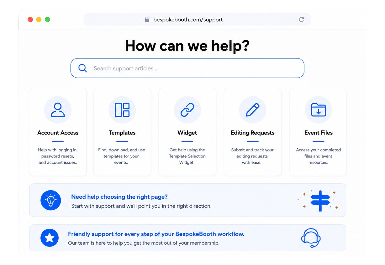 BespokeBooth support guidance for new members using templates widget and editing support