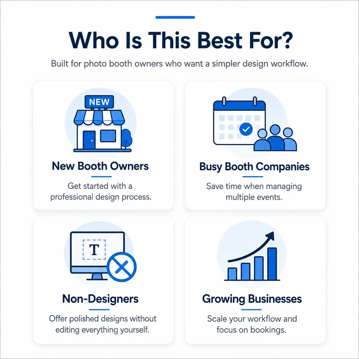 Types of photo booth owners who can benefit from BespokeBooth template editing support.