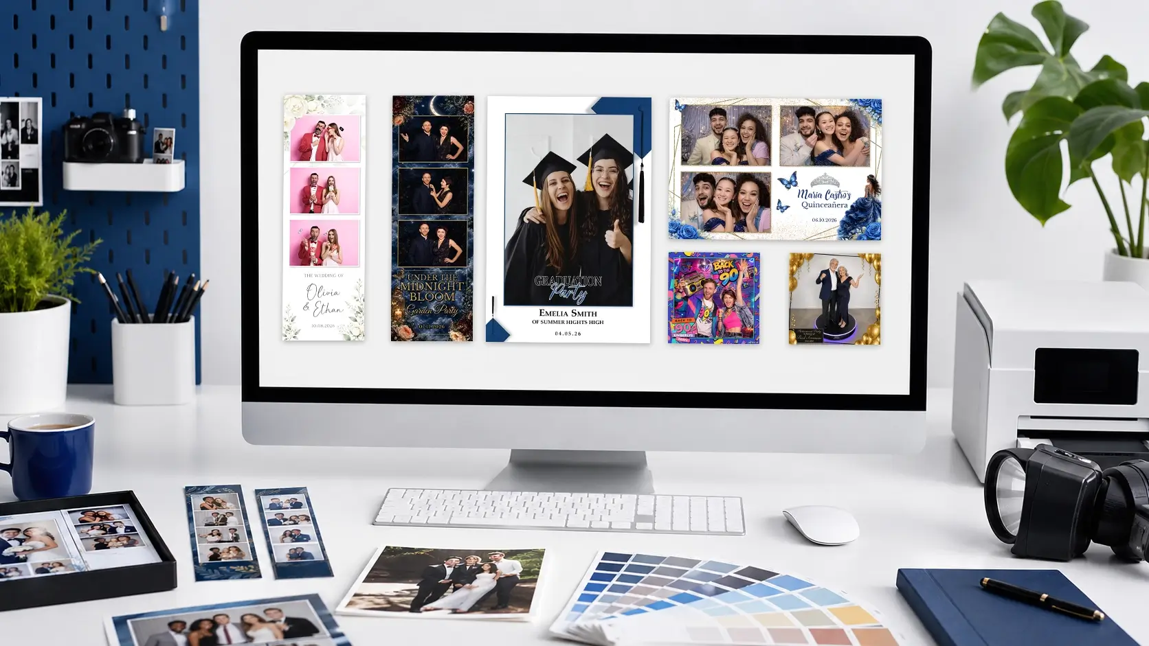 Professional photo booth operator comparing print strips, portrait templates, landscape templates and digital overlays.