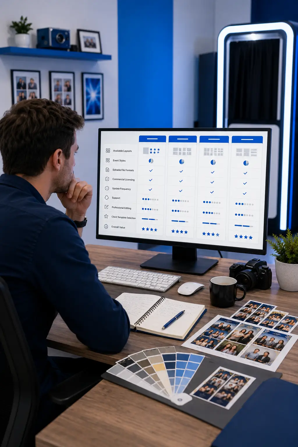Booth business owner comparing template providers based on layouts, files, licensing, editing and workflow support.