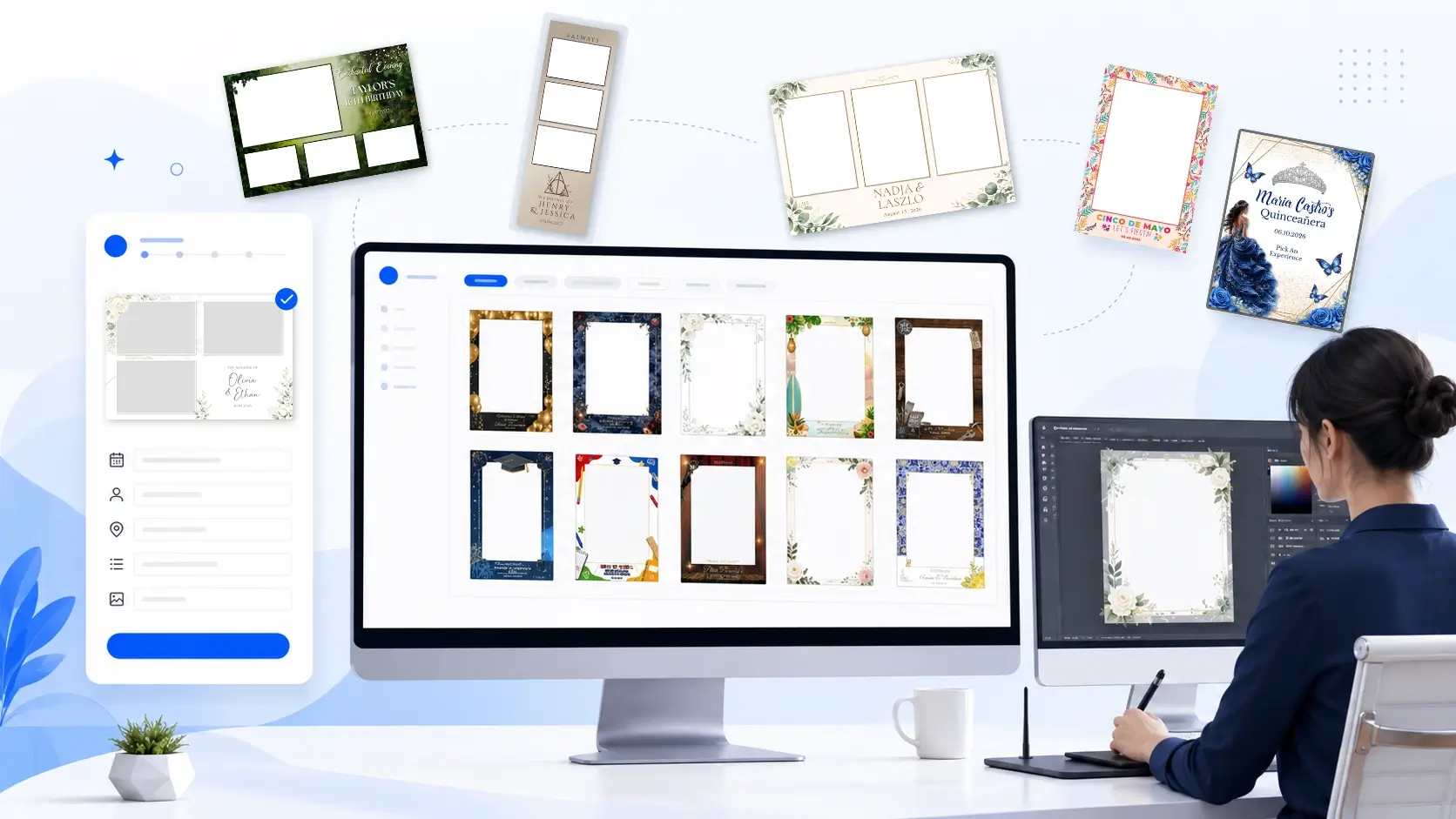 BespokeBooth photo booth template library, client selection widget and professional editing workflow