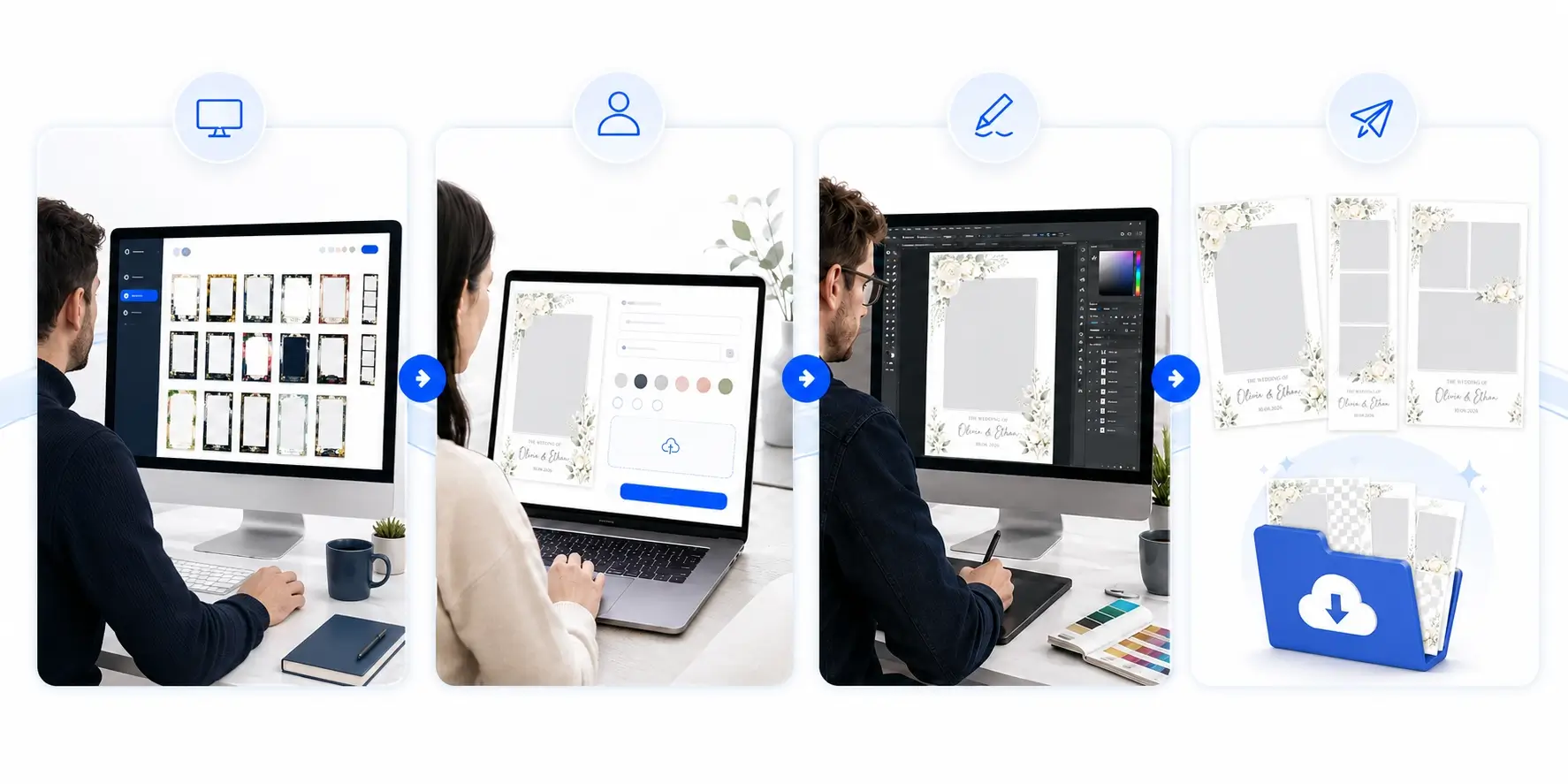 Four-step BespokeBooth client template selection and professional editing process