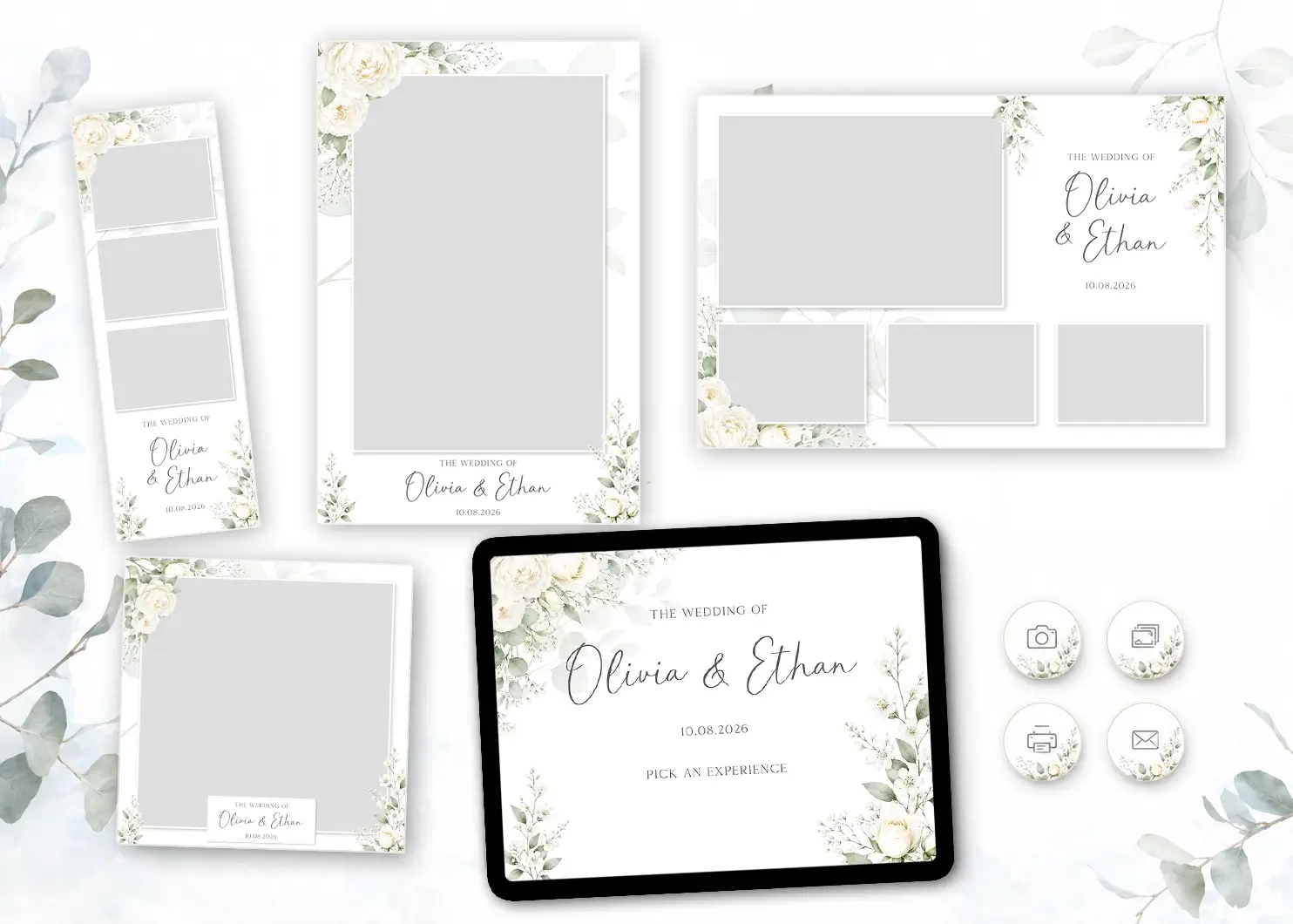 Matching photo booth template layouts including photo strip, print, digital overlay and start screen