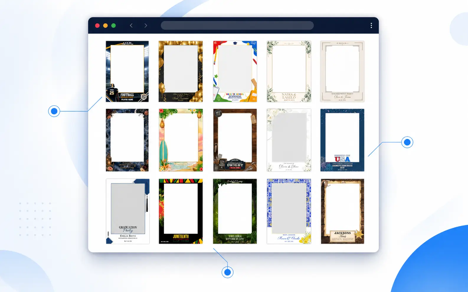 Branded photo booth template selection widget for clients