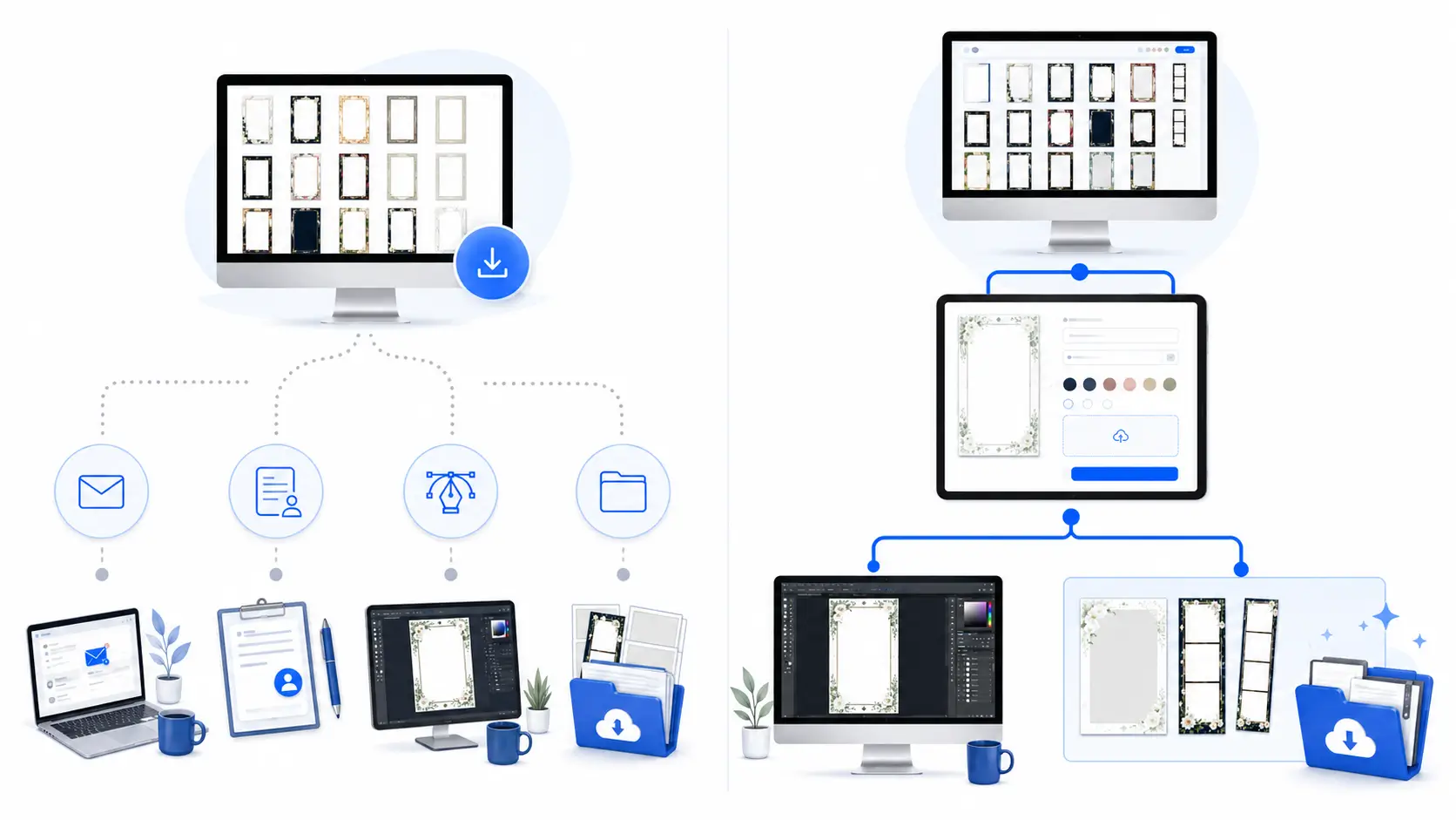 Comparison of a template download site with the complete BespokeBooth design workflow