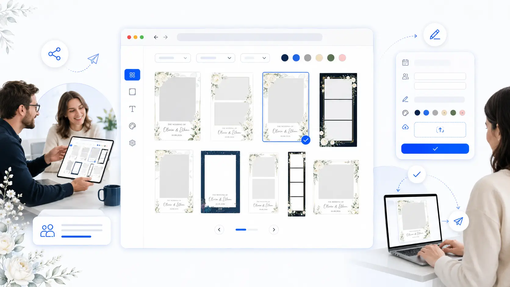 Client browsing a branded online gallery to choose a photo booth template and submit event details