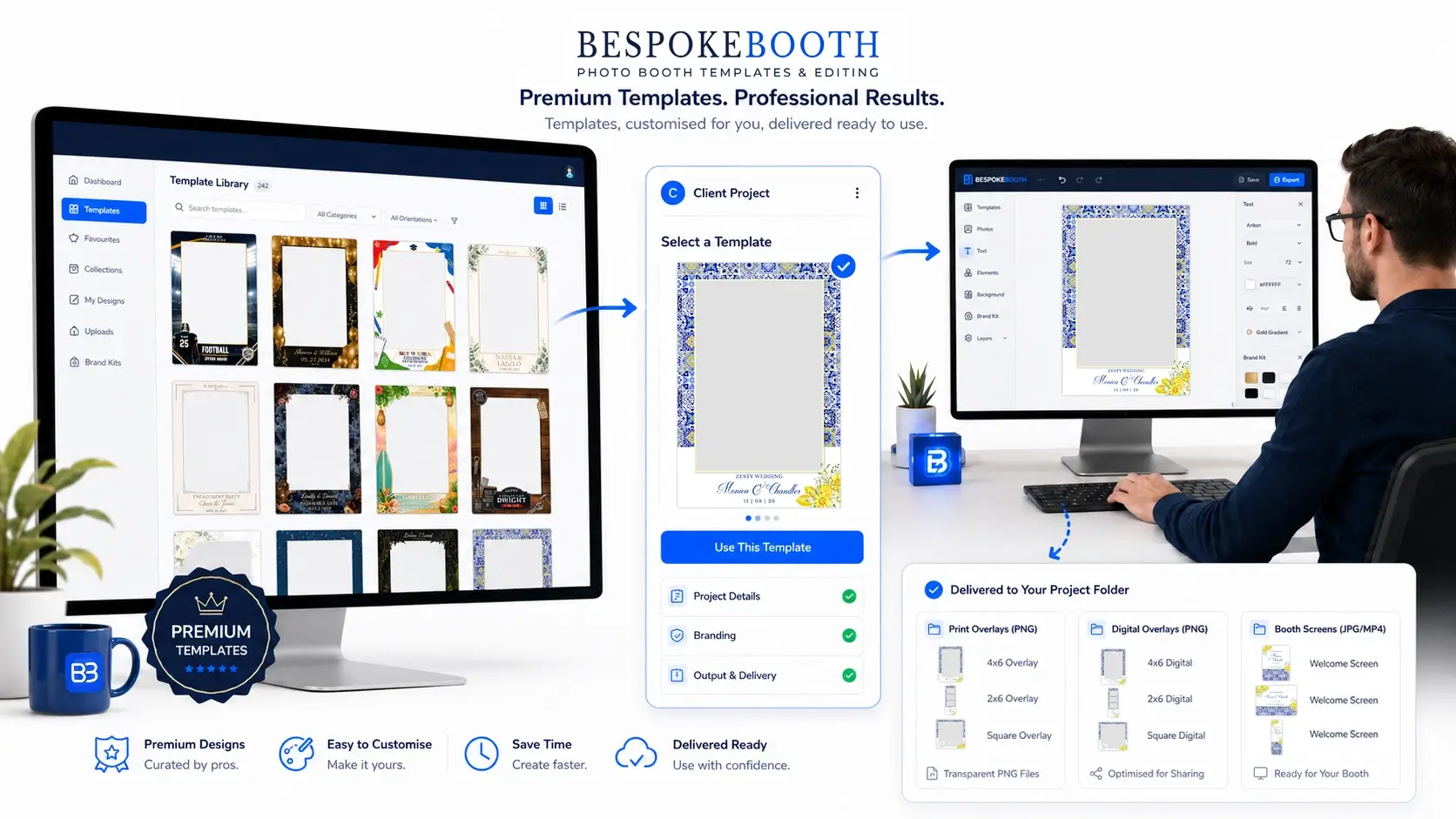 BespokeBooth membership showing photo booth templates, the client selection widget and professional editing