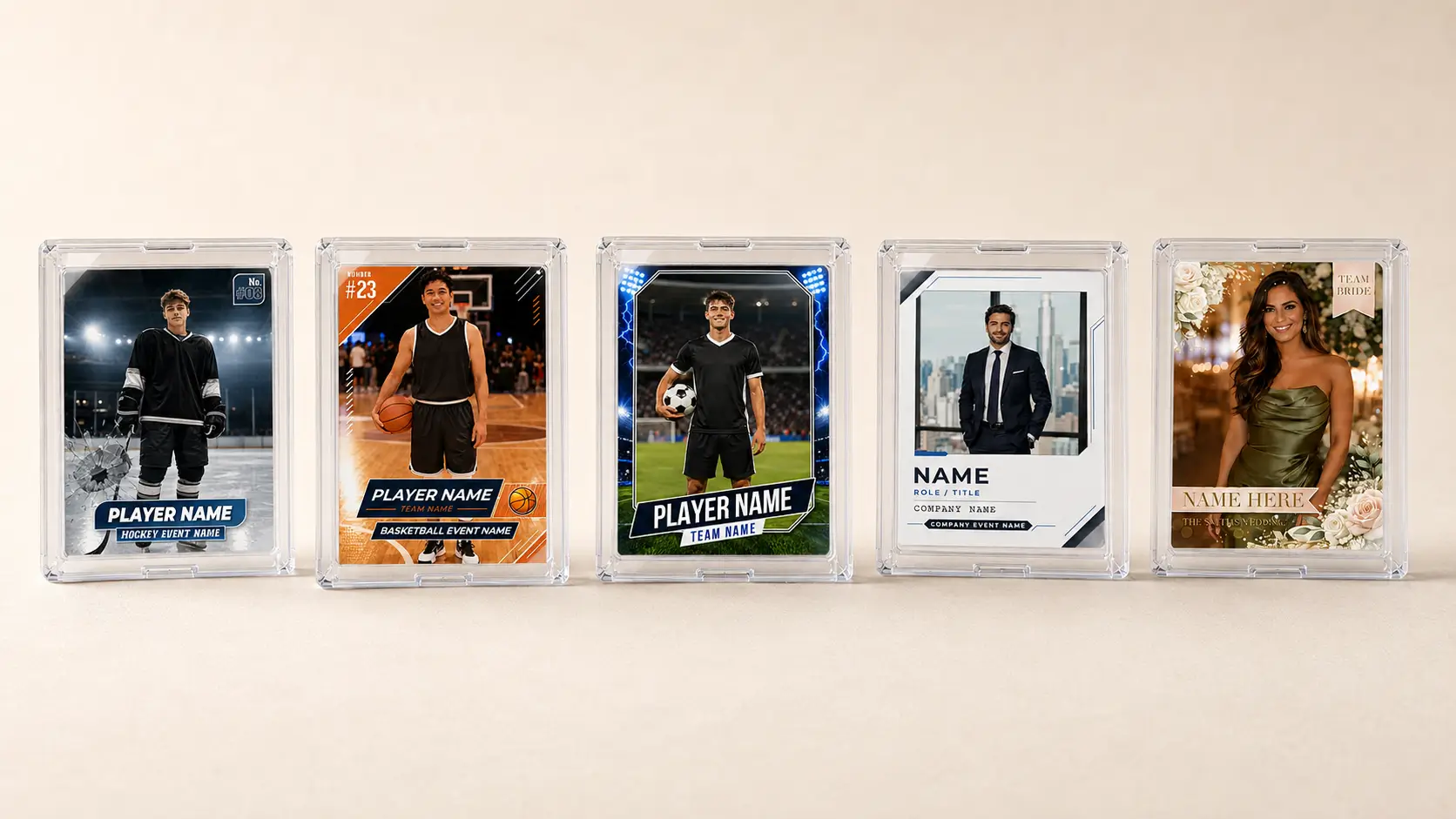 Photo booth trading card templates displayed in clear card cases, featuring hockey, basketball, soccer, corporate and wedding designs.